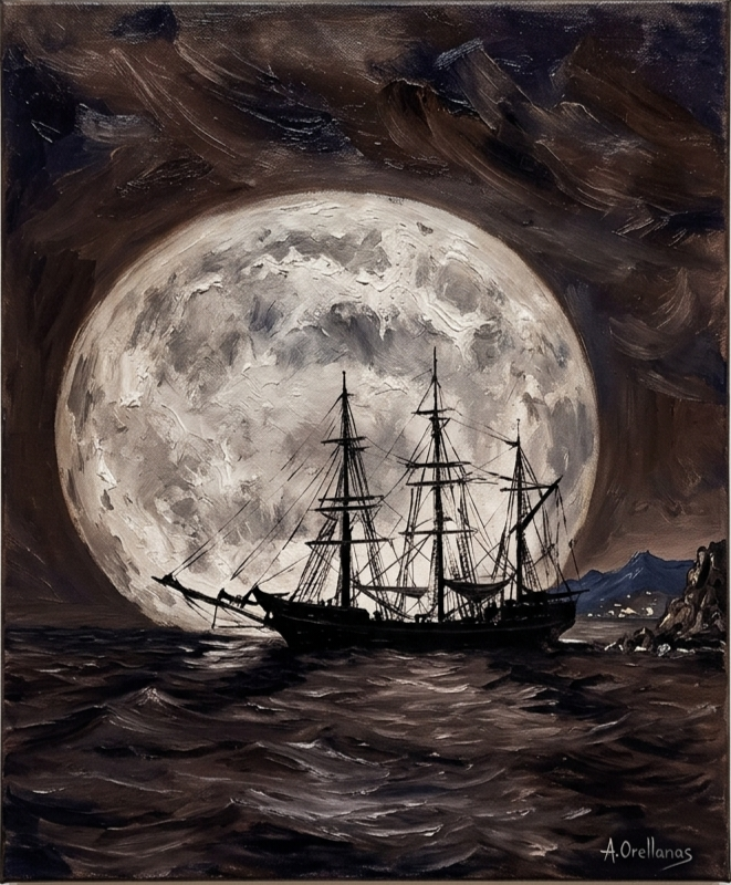Noche Oscura - Cuadro de barco bajo la luna llena por Antonio Orellana
